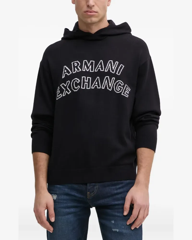 Armani Exchange Gestrickter Hoodie mit Intarsien-Logo - Schwarz Schwarz