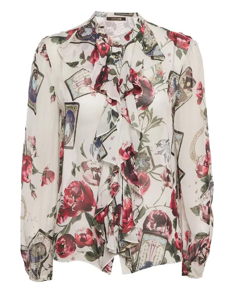 Roberto Cavalli Gerüschte Bluse mit Blumen-Print - Weiß Weiß