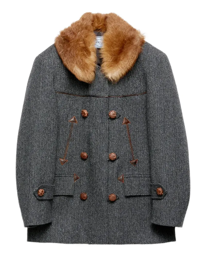 Prada Fischgräten-Mantel mit Pelzkragen - Grau Grau