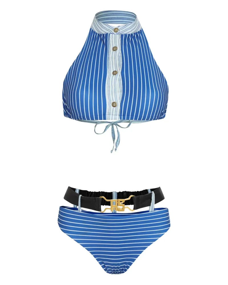 Amir Slama Gestreifter Bikini mit Knopfdetail - Blau Blau