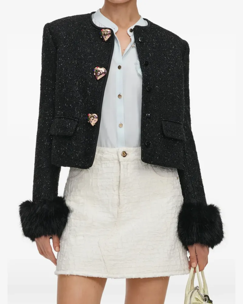 Self-Portrait black metallic boucle fur cuff jacket - Schwarz Schwarz