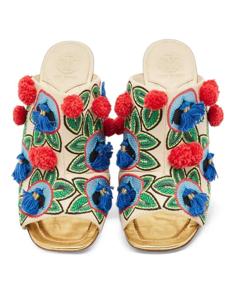 Tory Burch Bestickte Mules mit Pompons - Nude Nude
