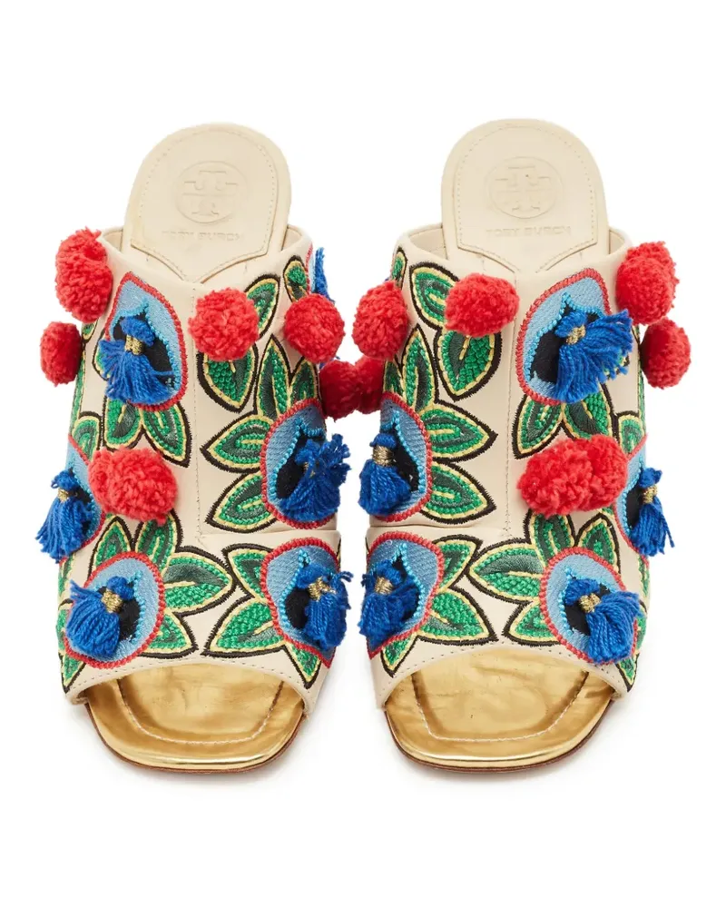Tory Burch Bestickte Mules mit Pompons - Nude Nude