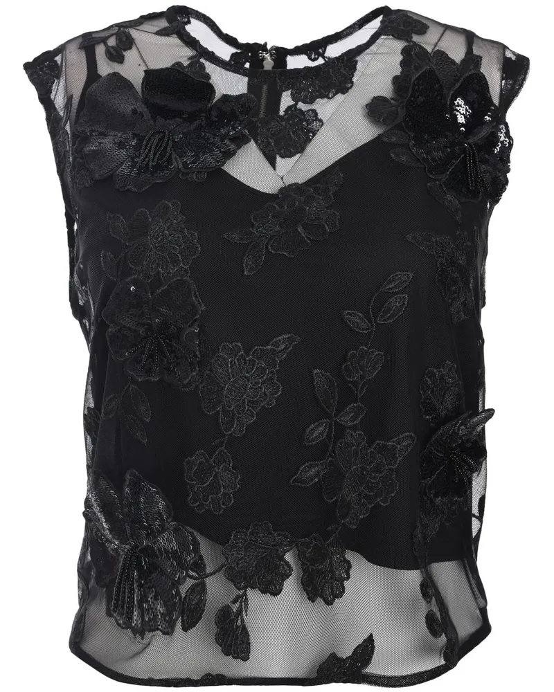 ROTATE Birger Christensen Top aus Mesh mit Blumen - Schwarz Schwarz