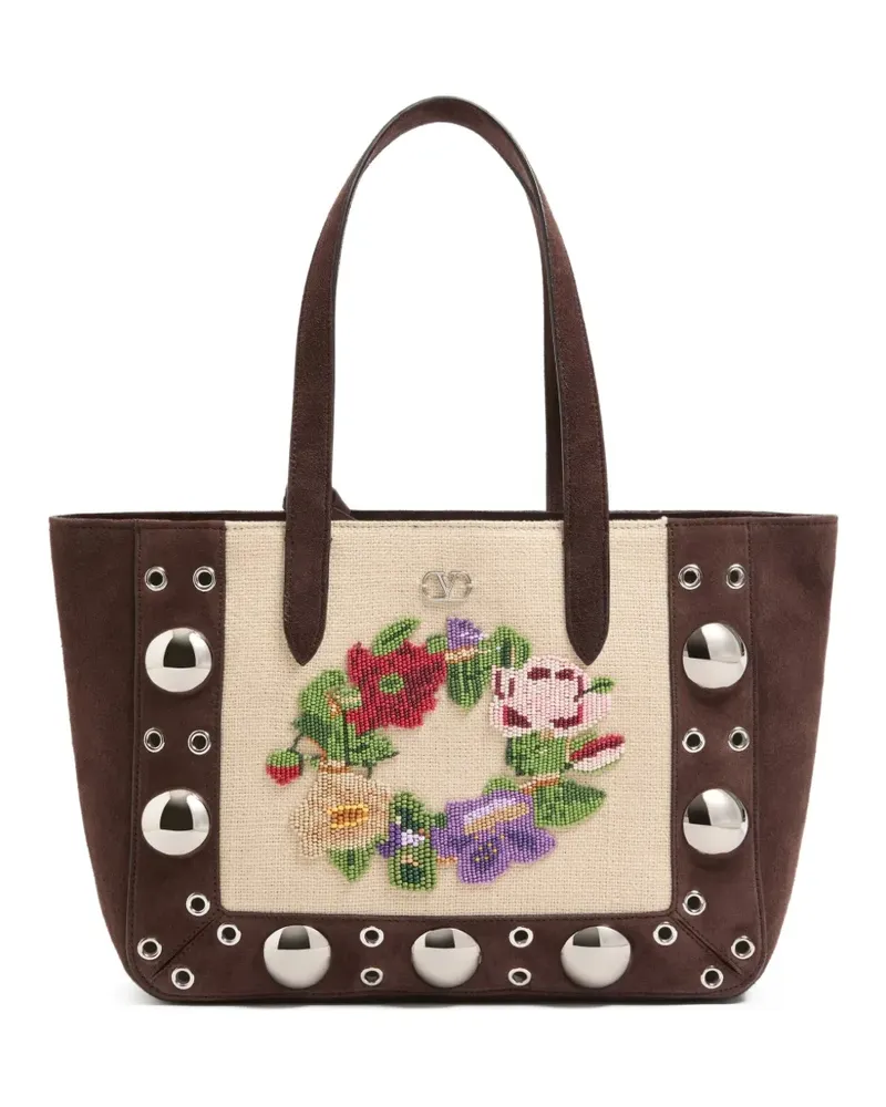 Valentino Garavani Nellcôte embroidered medium shopping bag - Braun Braun
