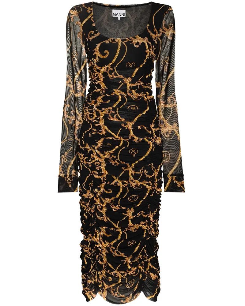 Ganni Midikleid mit Barock-Print - Schwarz Schwarz