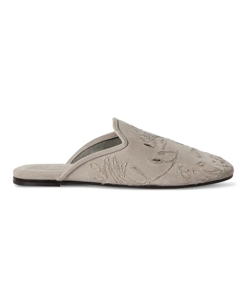 Brunello Cucinelli Wildleder-Pantoletten mit schillernder Broderie anglaise - Grau Grau