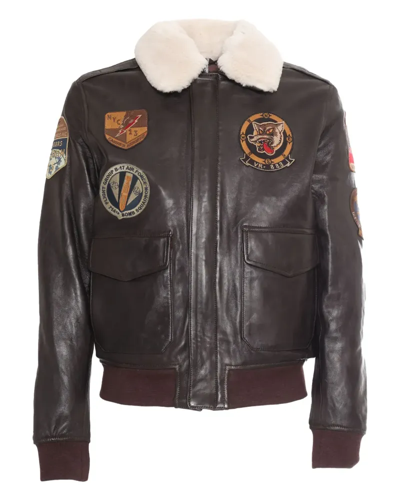 Schott N.Y.C patch-detailed leather bomber jacket - Braun Braun