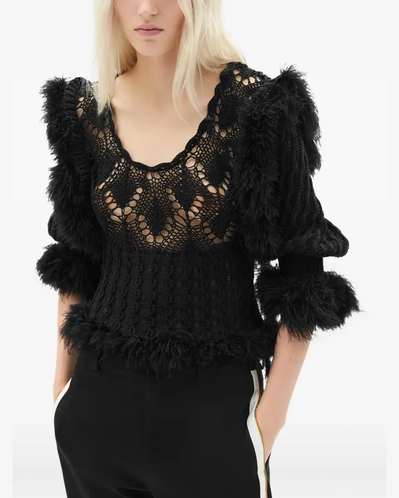 Ann Demeulemeester Dudu feather-trim scallop-neck sweater - Schwarz Schwarz