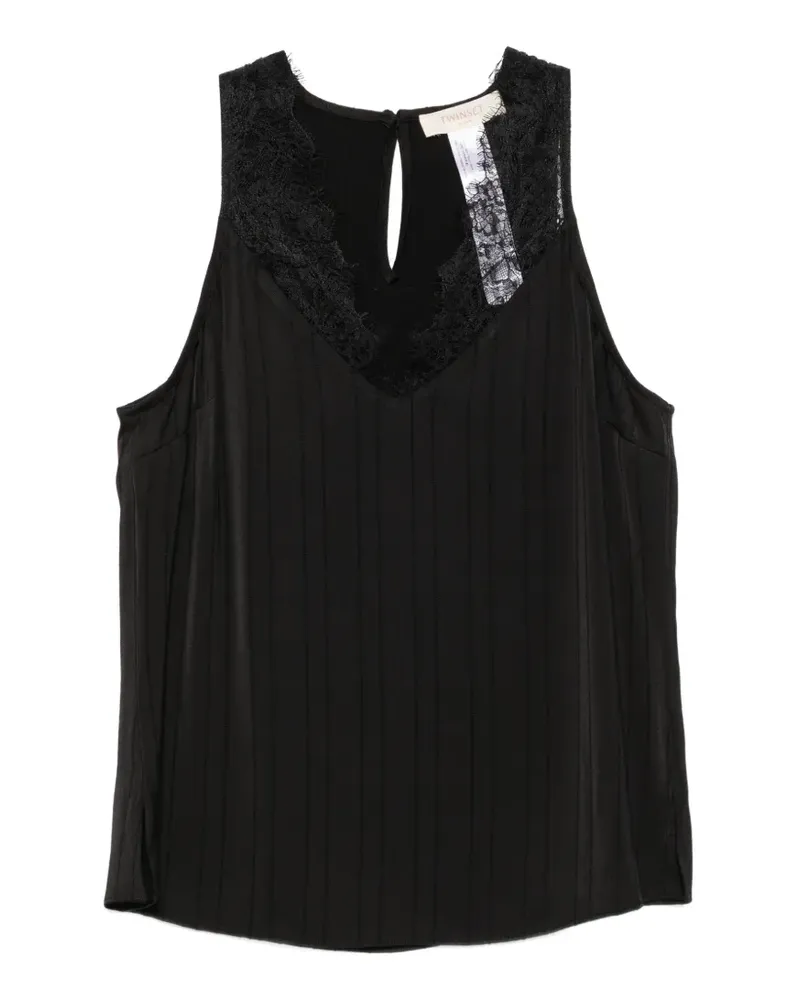 Twin-Set Plissierte Bluse mit Spitzenbesatz - Schwarz Schwarz