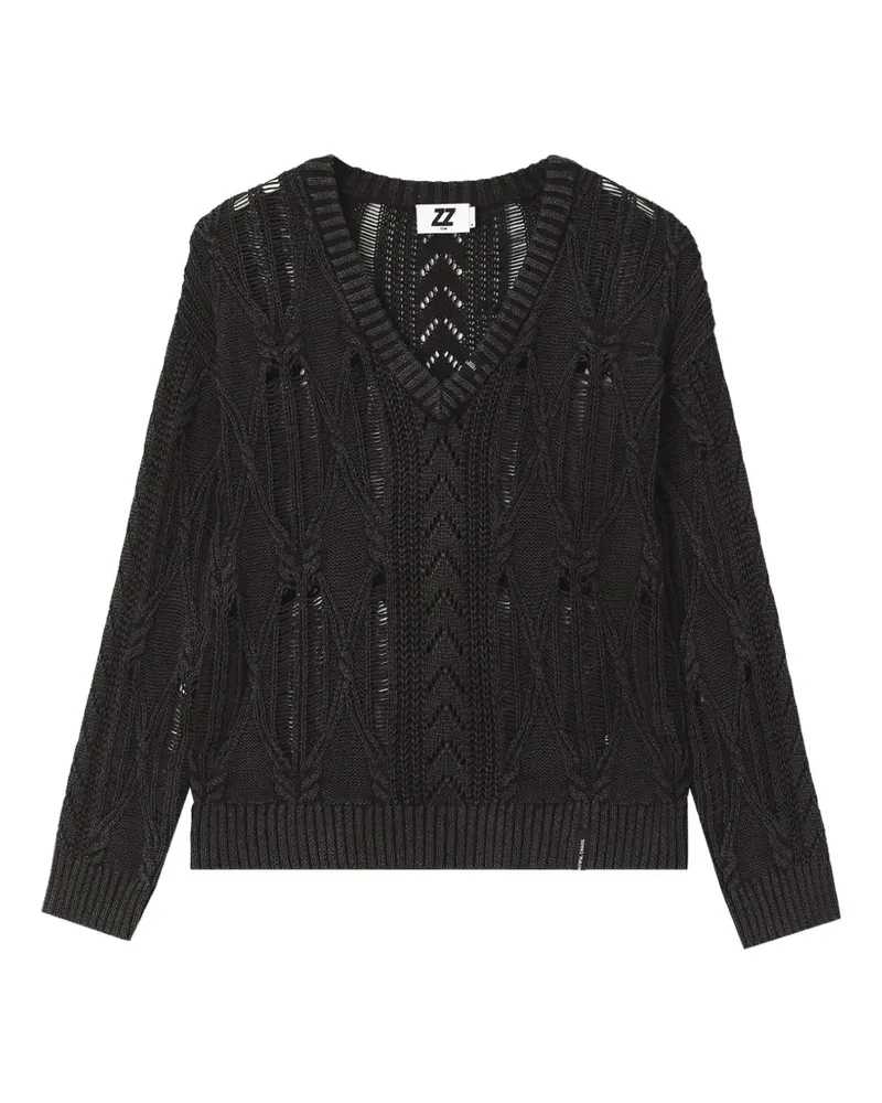 Izzue Distressed-Pullover mit Zopfmuster - Schwarz Schwarz