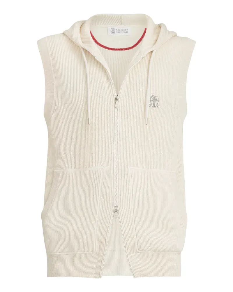 Brunello Cucinelli cotton English rib knit hooded vest with logo and zipper - Nude Nude