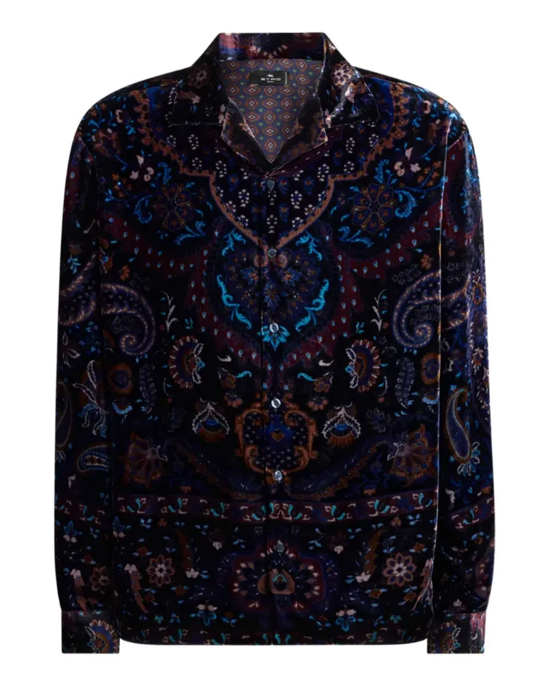 Etro Hemd aus Seidensamt mit platziertem Medaillon-Blumenprint - Blau Blau