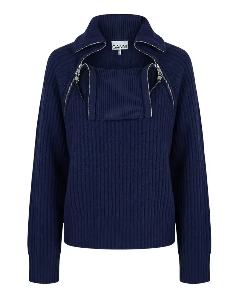 Ganni ribbed zip-detail sweater - Blau Blau