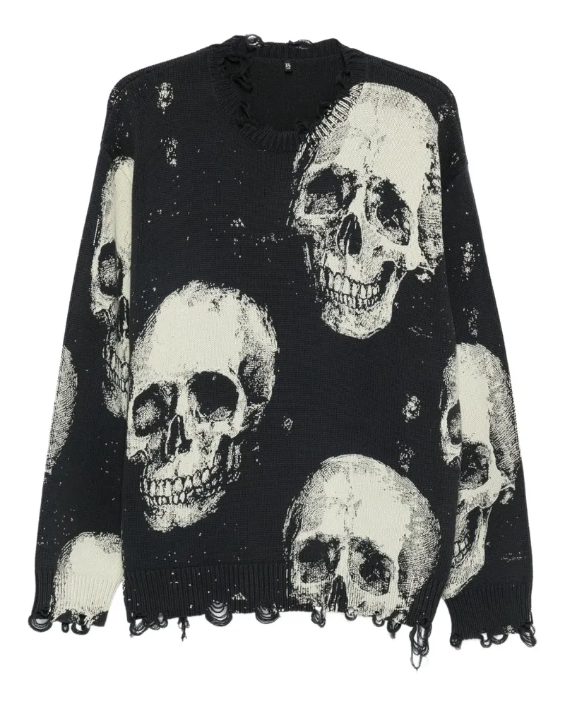 R13 Ausgefranster Pullover mit Totenkopf-Print - Schwarz Schwarz