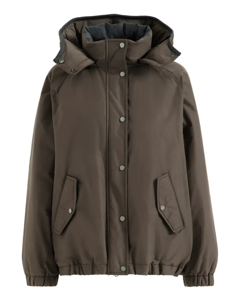Brunello Cucinelli techno cotton taffeta outerwear jacket with detachable knit hood and shiny zipper pull - Braun Braun