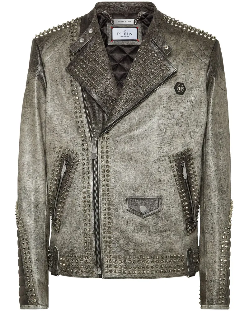 Philipp Plein Bikerjacke aus Leder - Grau Grau