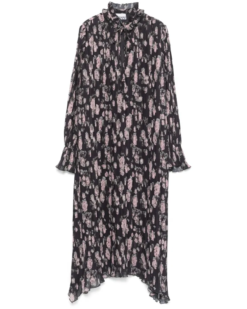 Ganni Georgette-Kleid mit Blumen-Print - Schwarz Schwarz