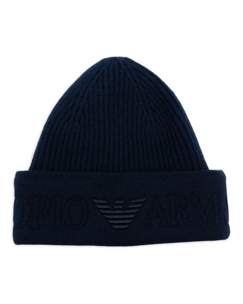 Emporio Armani Gerippte Beanie mit Logo-Stickerei - Blau Blau