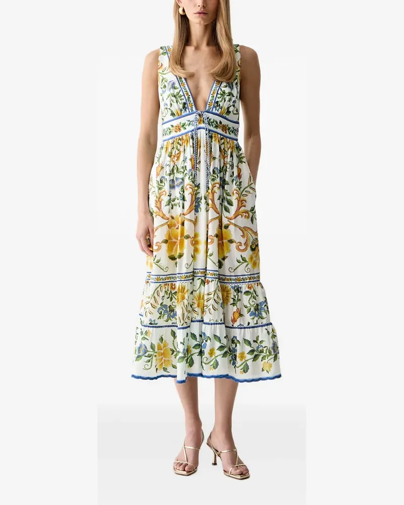 FARM Rio V-Ausschnitt-Midikleid mit Blumenmuster - Weiß Weiß