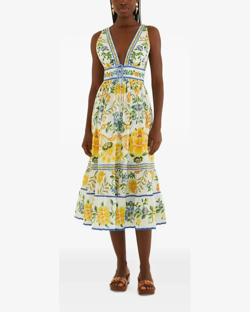 FARM Rio V-Ausschnitt-Midikleid mit Blumenmuster - Weiß Weiß