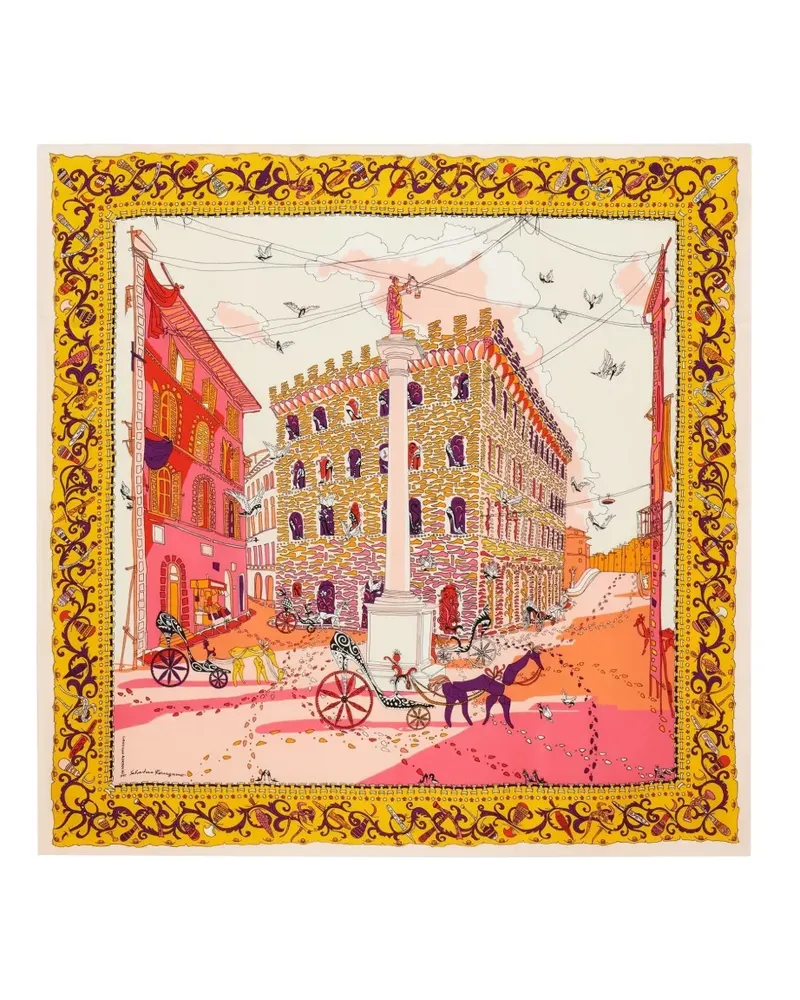 Ferragamo Seidenschal mit Palazzo Spini Feroni-Print - Gelb Gelb