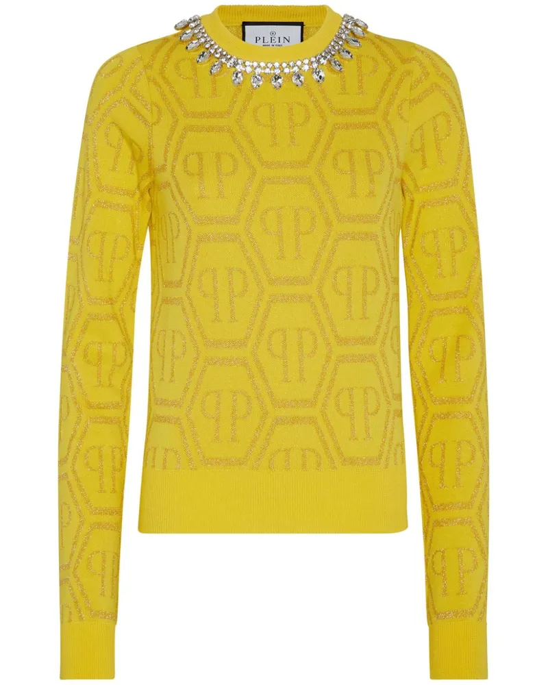 Philipp Plein Kristallverzierter Pullover mit Monogramm Yellow