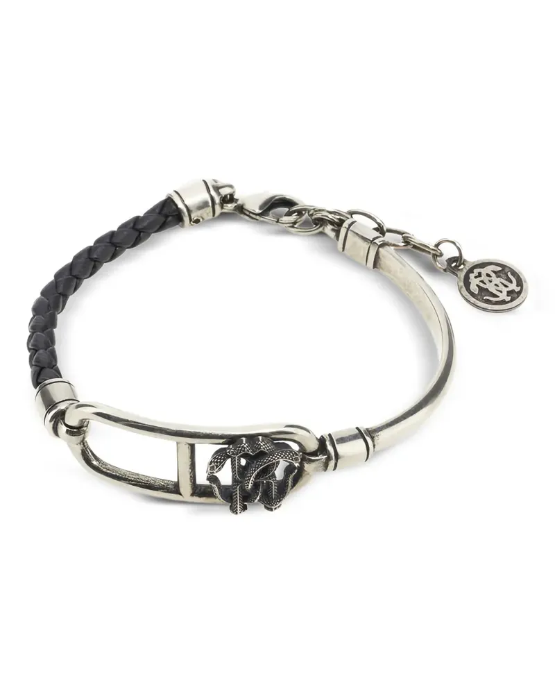 Roberto Cavalli Geflochtenes Lederarmband mit RC-Monogramm - Silber Silber