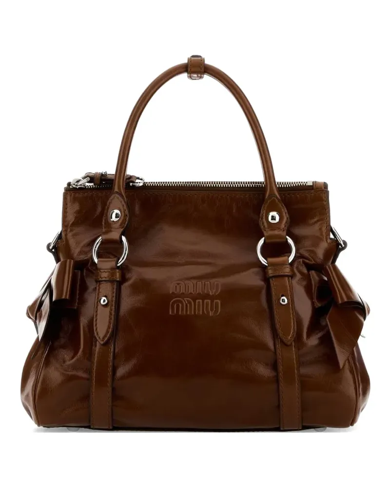 Miu Miu bow-embellished logo-embossed leather tote bag - Braun Braun