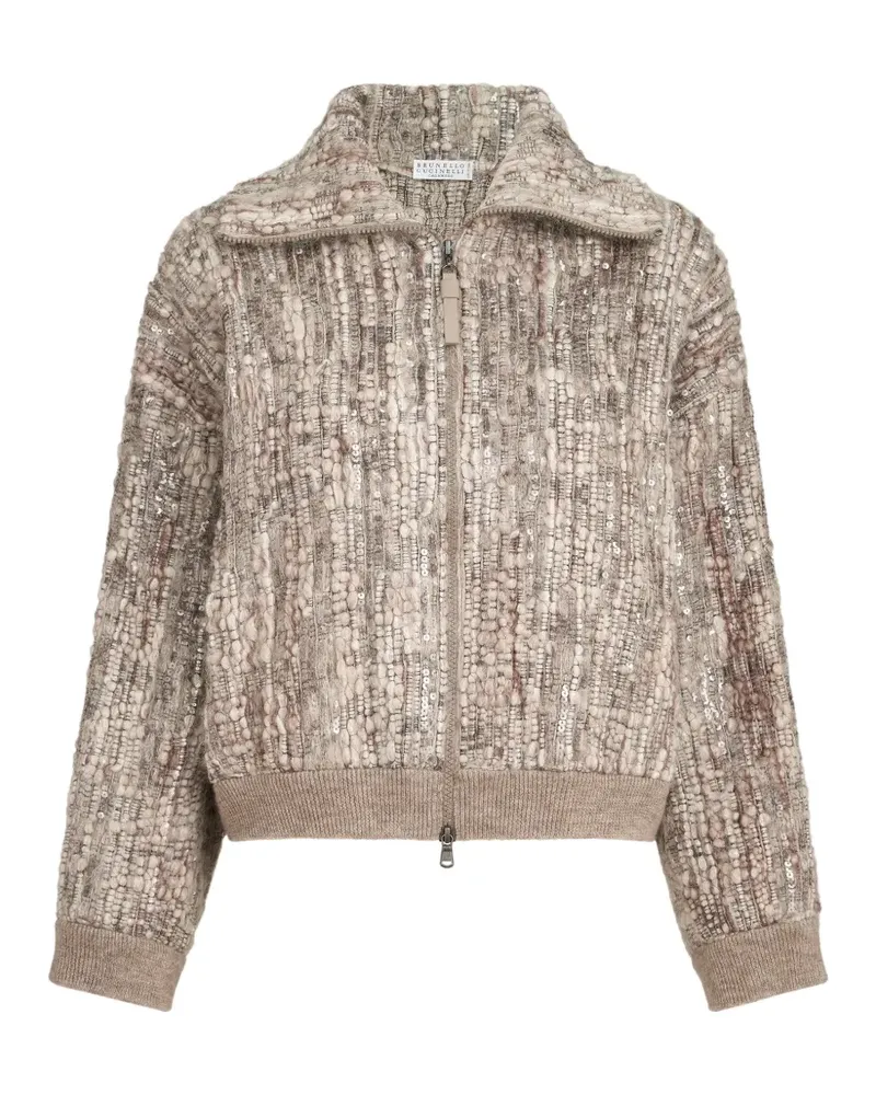 Brunello Cucinelli Cardigan aus Mohair und Wolle mit schimmernder Baumrinden-Stickerei - Nude Nude