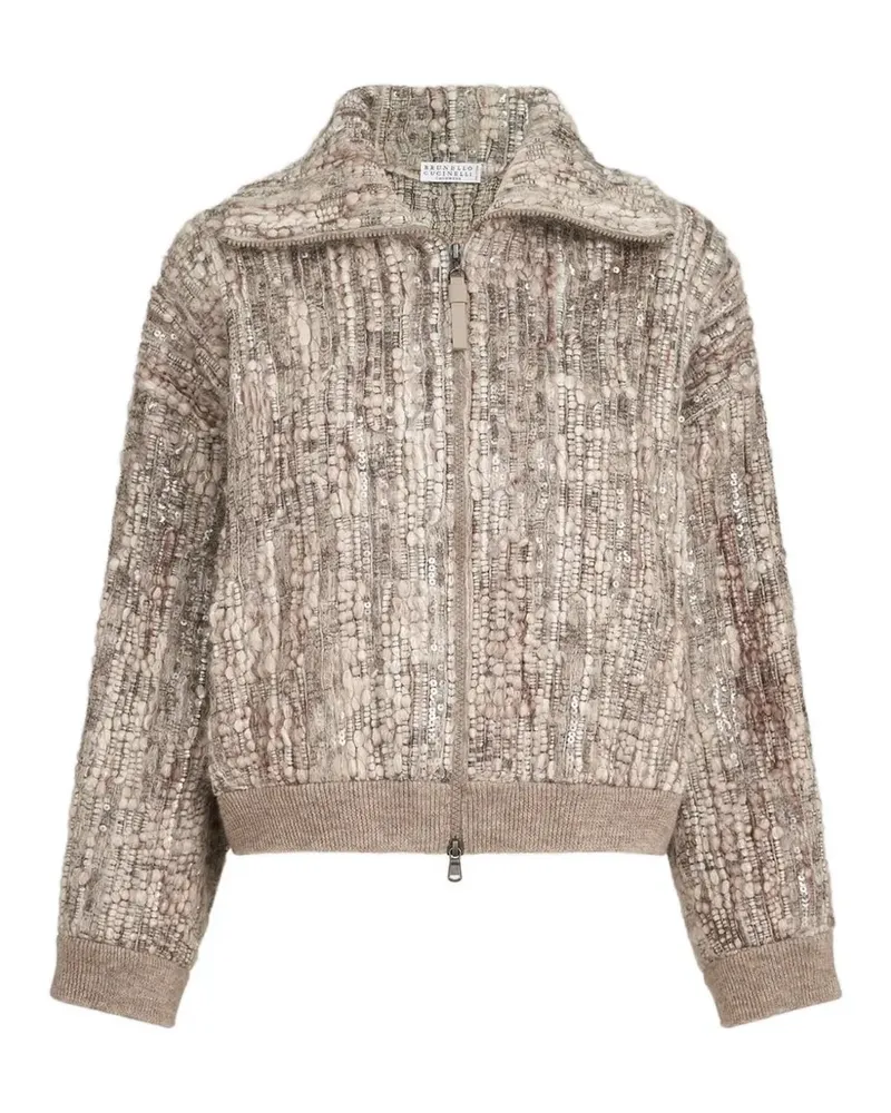 Brunello Cucinelli Cardigan aus Mohair und Wolle mit schimmernder Baumrinden-Stickerei - Nude Nude