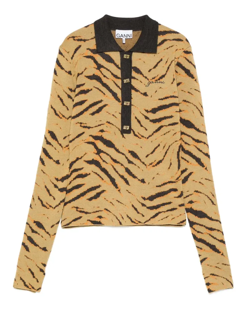 Ganni zebra-print polo top - Nude Nude