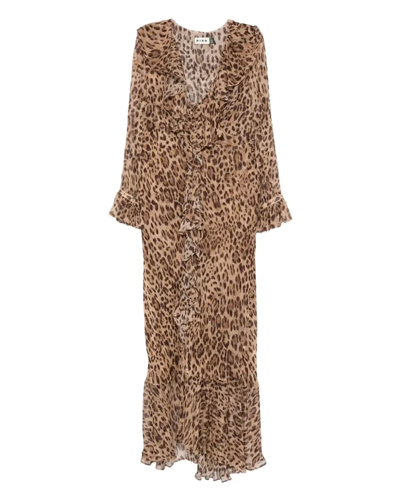 RIXO Gerüschtes Grayce Leoparden-Midikleid - Braun Braun
