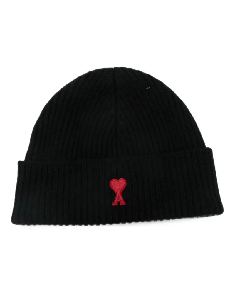 AMI Paris black wool beanie With Ami De Coeur - Schwarz Schwarz