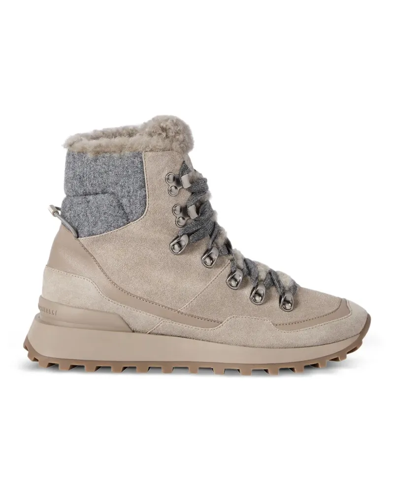 Brunello Cucinelli Laufschuhe aus Wildleder mit Strickeinsatz und Shearling-Futter - Nude Nude