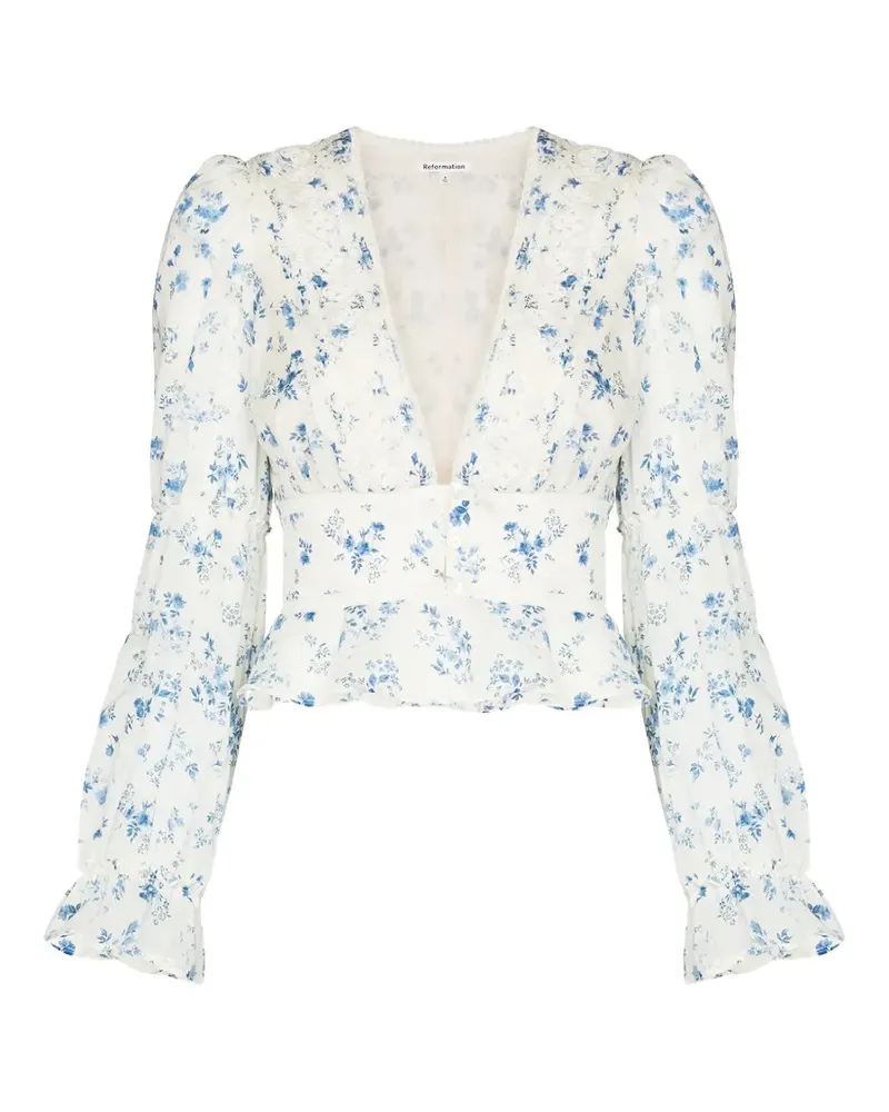 Reformation Meadowlark Cropped-Bluse mit V-Ausschnitt - Weiß Weiß
