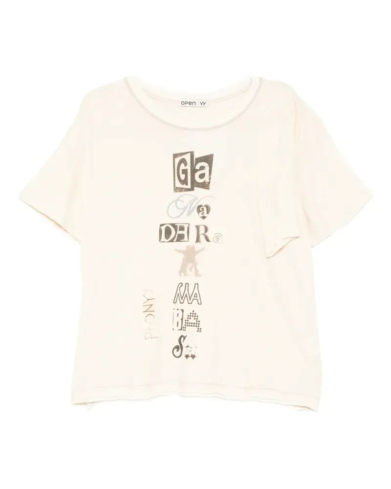 OPEN YY graphic-print cotton-blend T-shirt - Nude Nude