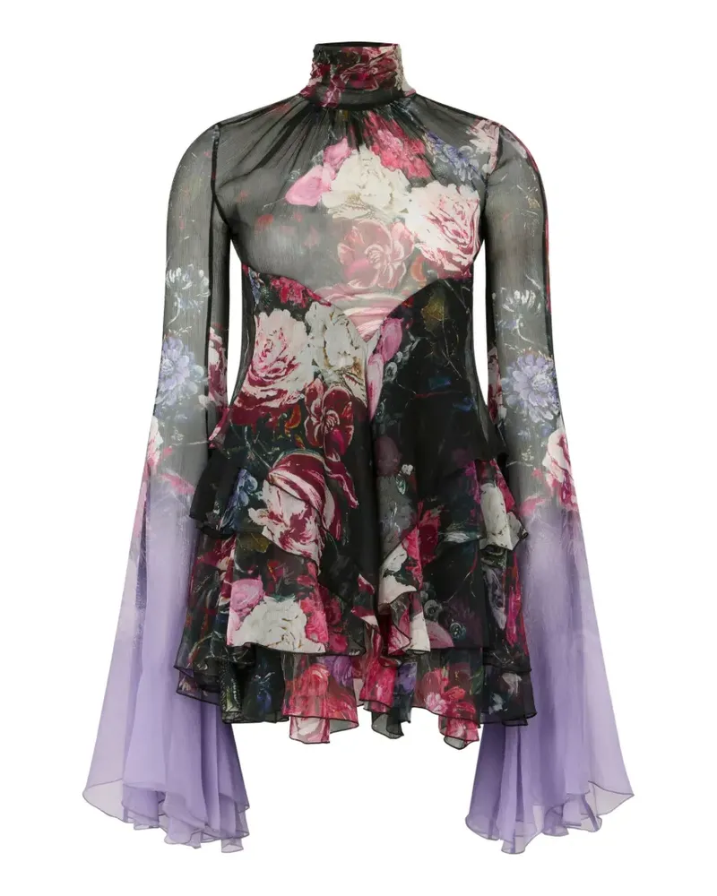 Roberto Cavalli Gerüschtes Kleid mit Blumenprint - Schwarz Schwarz