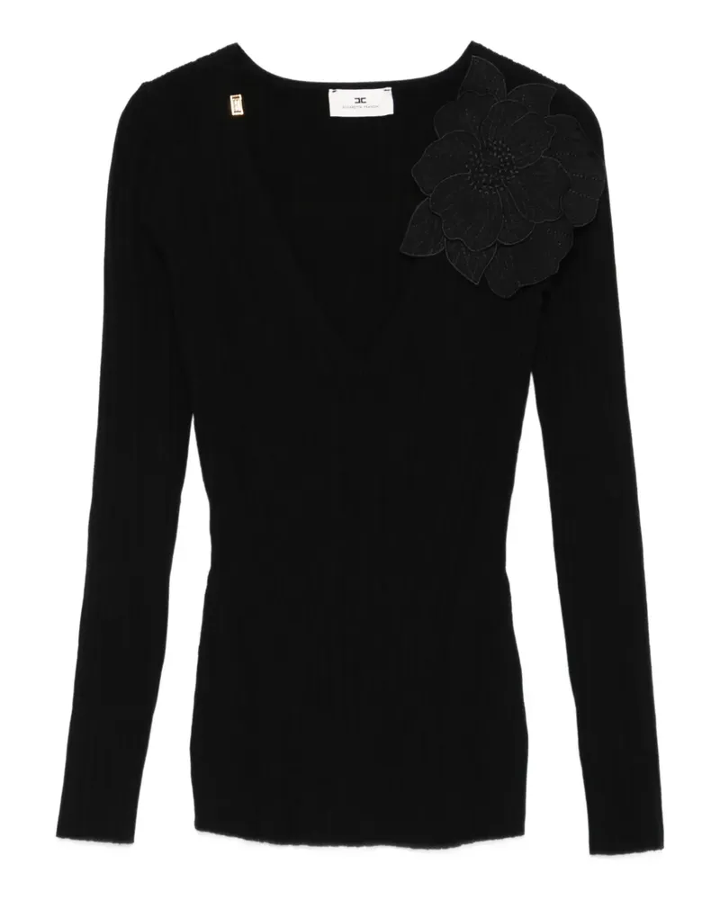 Elisabetta Franchi Gerippter Pullover mit Blumendetail - Schwarz Schwarz