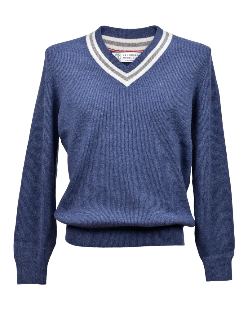 Brunello Cucinelli Gerippter Pullover mit V-Ausschnitt - Blau Blau