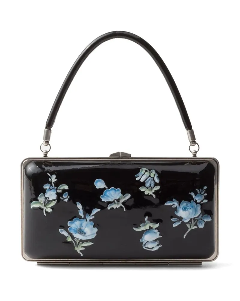 Prada Lackleder-Clutch mit floralem Print - Schwarz Schwarz