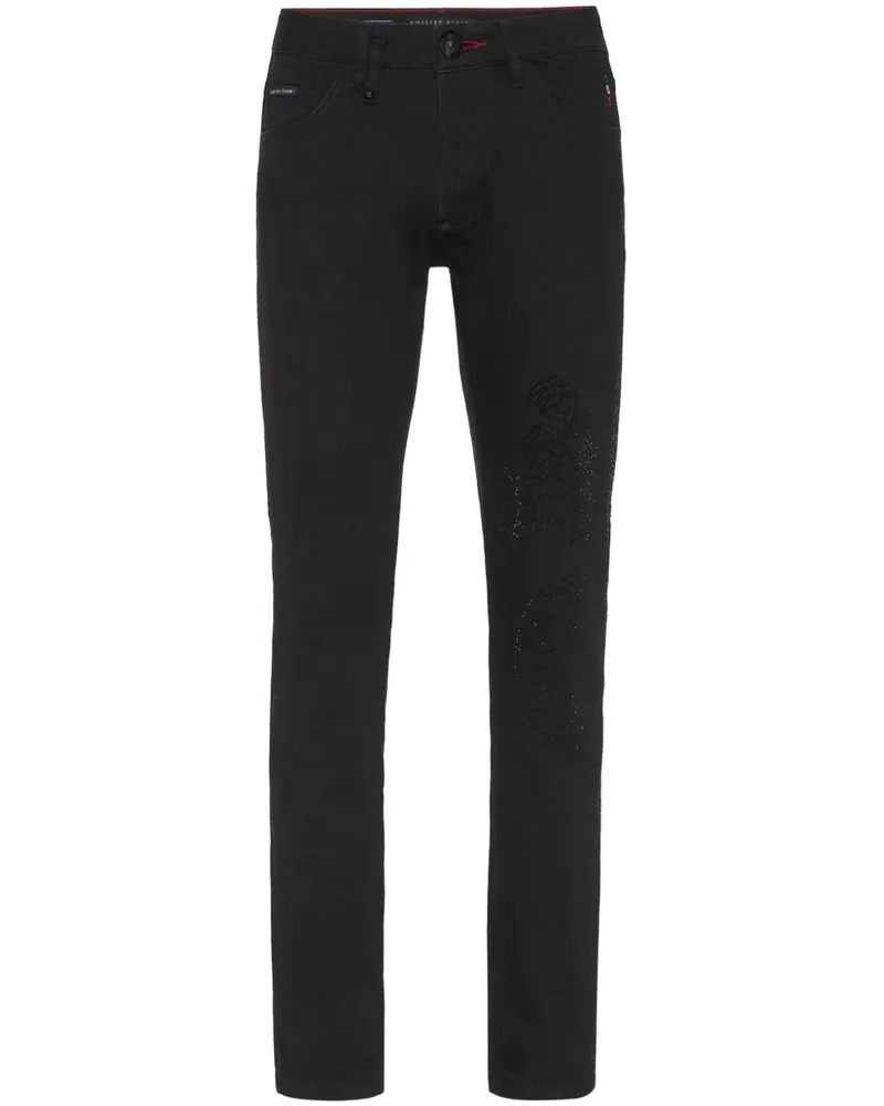Philipp Plein Super Straight Jeans mit Drachendetail - Schwarz Schwarz