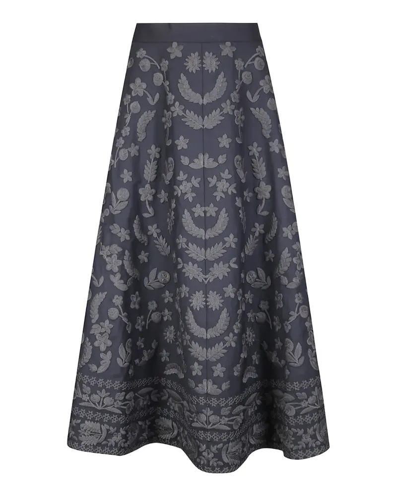 Antik Batik Ausgestellter Bertille Midirock mit Blumenstickerei - Schwarz Schwarz