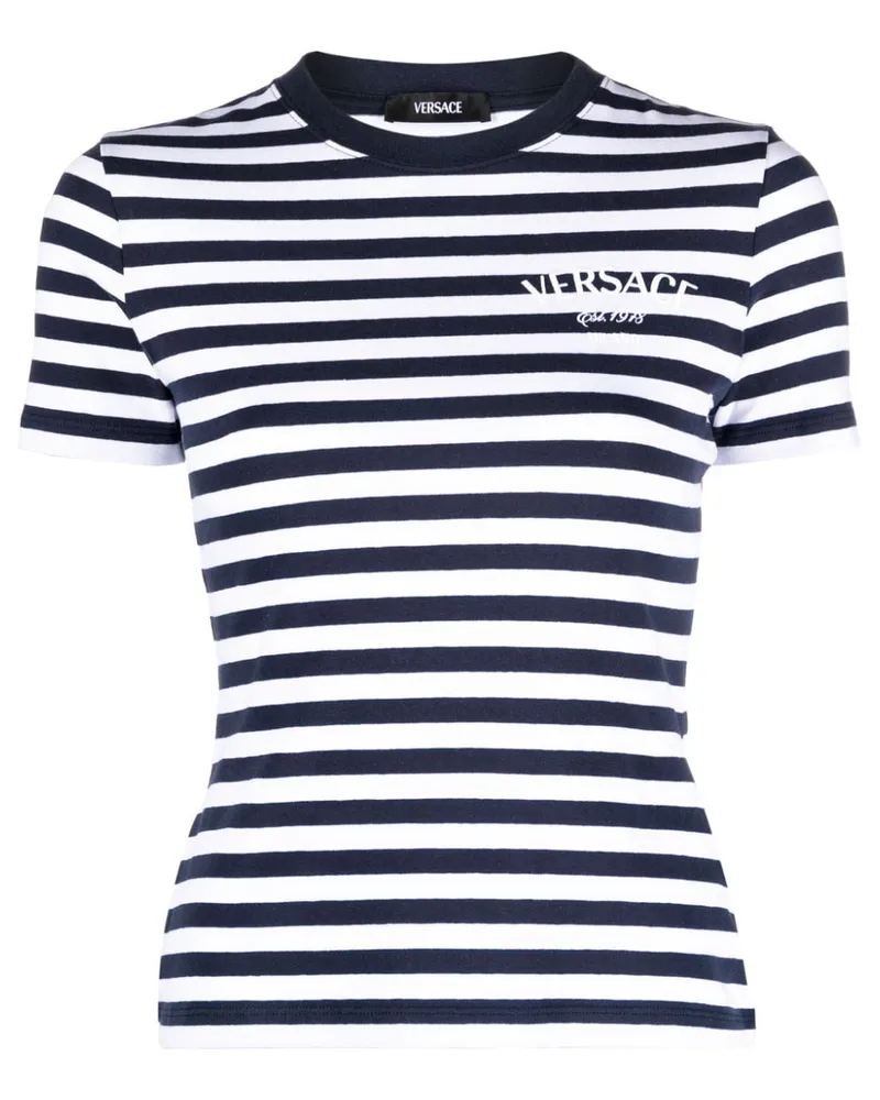 Versace Gestreiftes T-Shirt mit Logo-Stickerei - Blau Blau