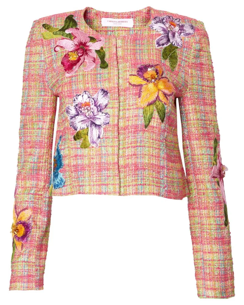 Carolina Herrera New York Tweed-Blazer mit aufgestickten Blumen Rosa