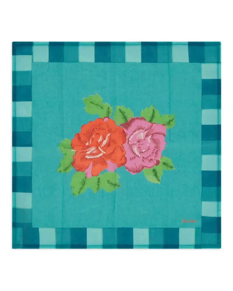 Lisa Corti Karierte Serviette mit Blumen-Print - Blau Blau