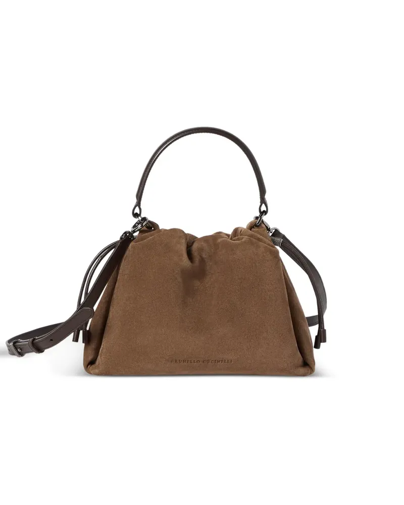 Brunello Cucinelli Kleine Mellow Beuteltasche aus Wildleder mit Monili - Braun Braun