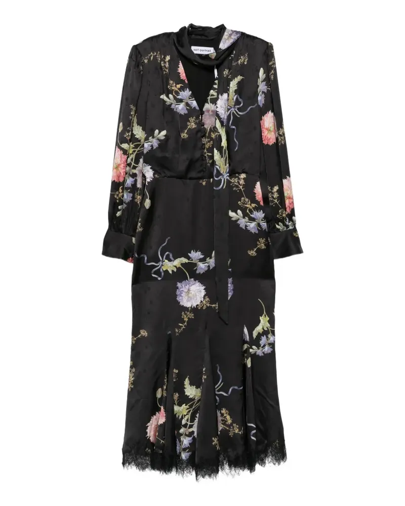Self-Portrait Midikleid mit Blumenprint - Schwarz Schwarz