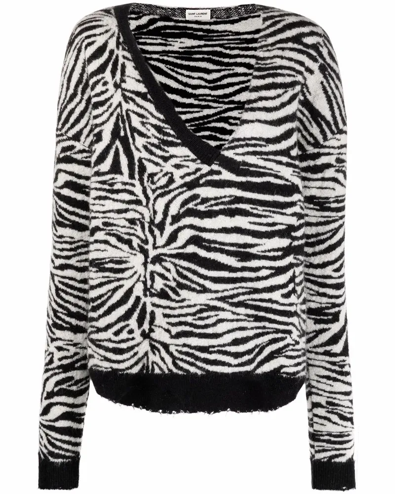 Saint Laurent Distressed-Pullover mit Zebramuster - Weiß Weiß
