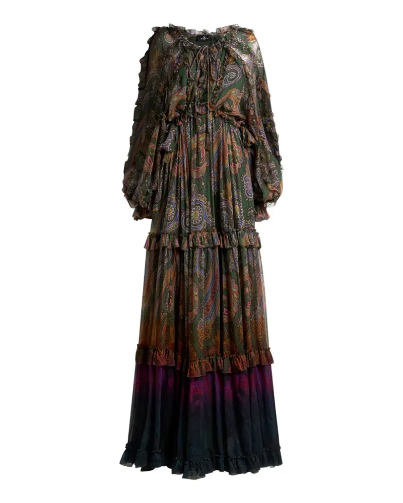 Etro Langes Seidenkleid mit Rüschen und Degradé Paisley-Print - Grün Grün